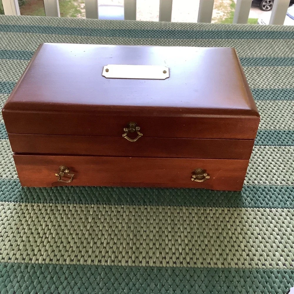 Vintage Wooden Jewelry Box Chest Cherry Finish Brass Hardware 2-Tier Organizer